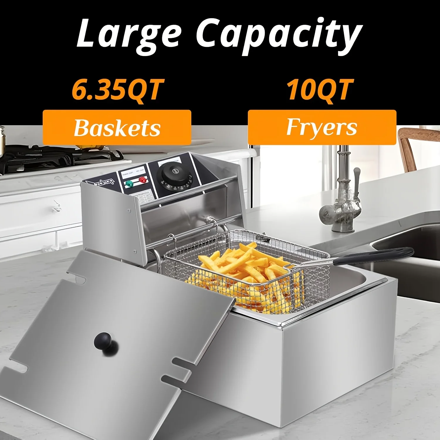 Freidora eléctrica de 10QT con cestas y tapas, máquina para freír de acero inoxidable de 2.64 galones para encimera con control de temperatura