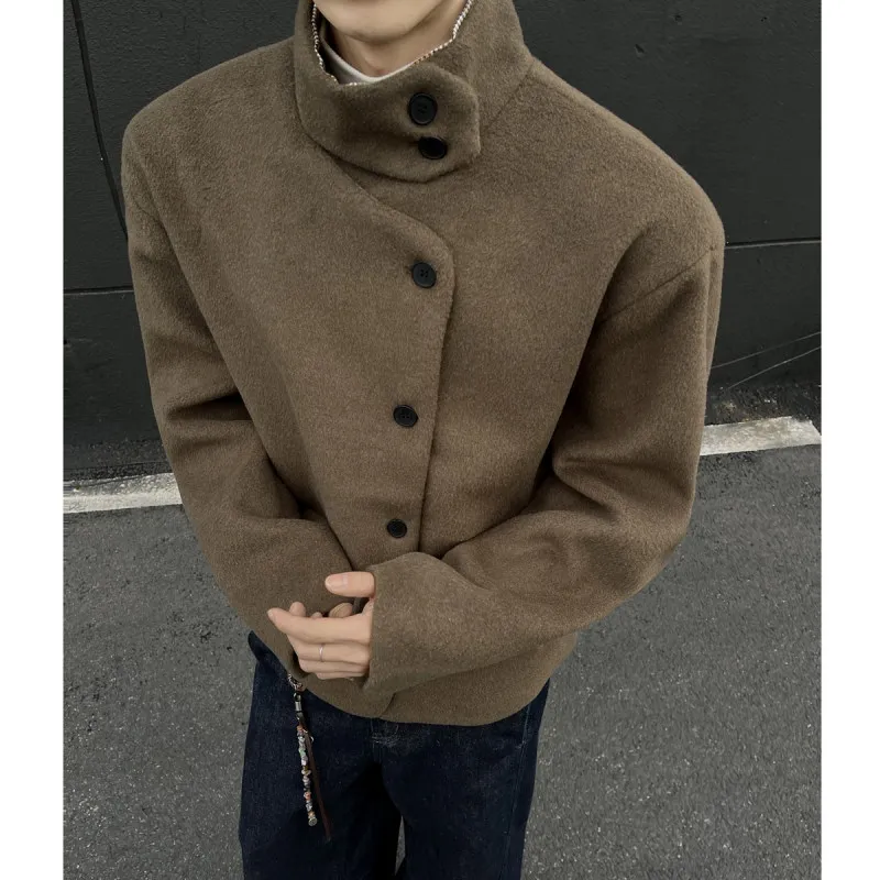 

Мужское шерстяное пальто в стиле ретро с высоким воротником и контрастными вставками, ветрозащитное, теплое, осенне-зимнее, молодежное, приталенного кроя