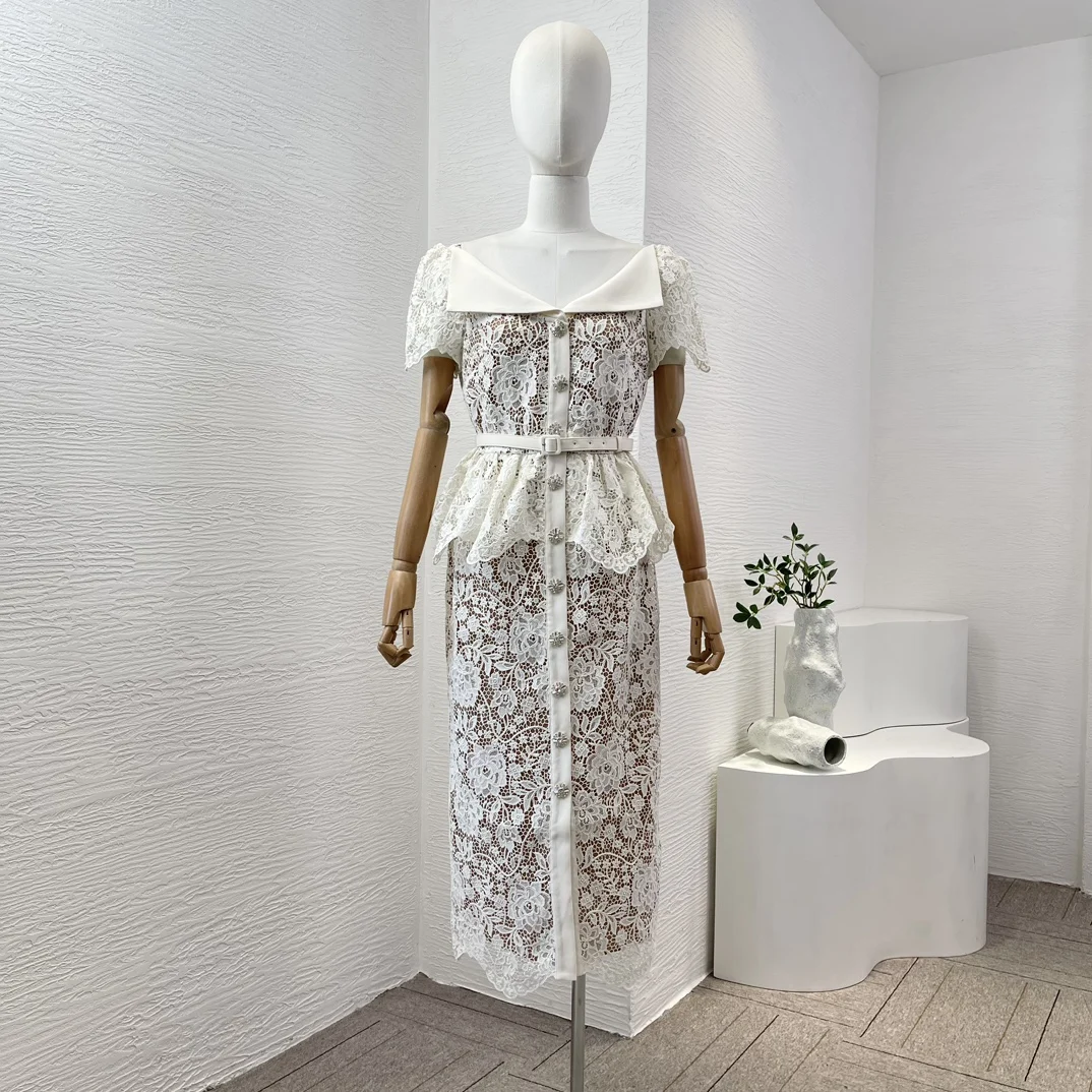 

Women's White Lace Patchwork Midi Dress Short Sleeve Self Tie Belt at Waist Original Chic and Elegant Summer