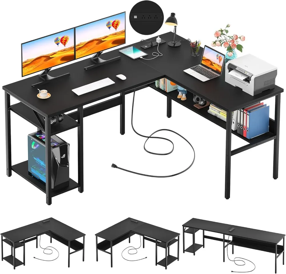 

Reversible L Shaped Desk with Magic Power Outlets and USB Charging Ports, Sturdy Corner Computer Desk with Storage Shelves