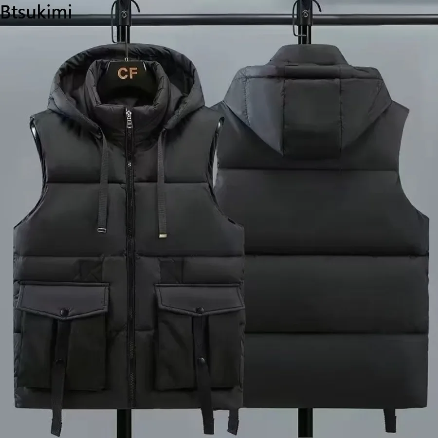 2024 Men's Fashion Down Cotton Parkas Vest Autumn Winter Thicker Windproof Casual Versatile Waistcoat Man Big Pocket Warm Jacket