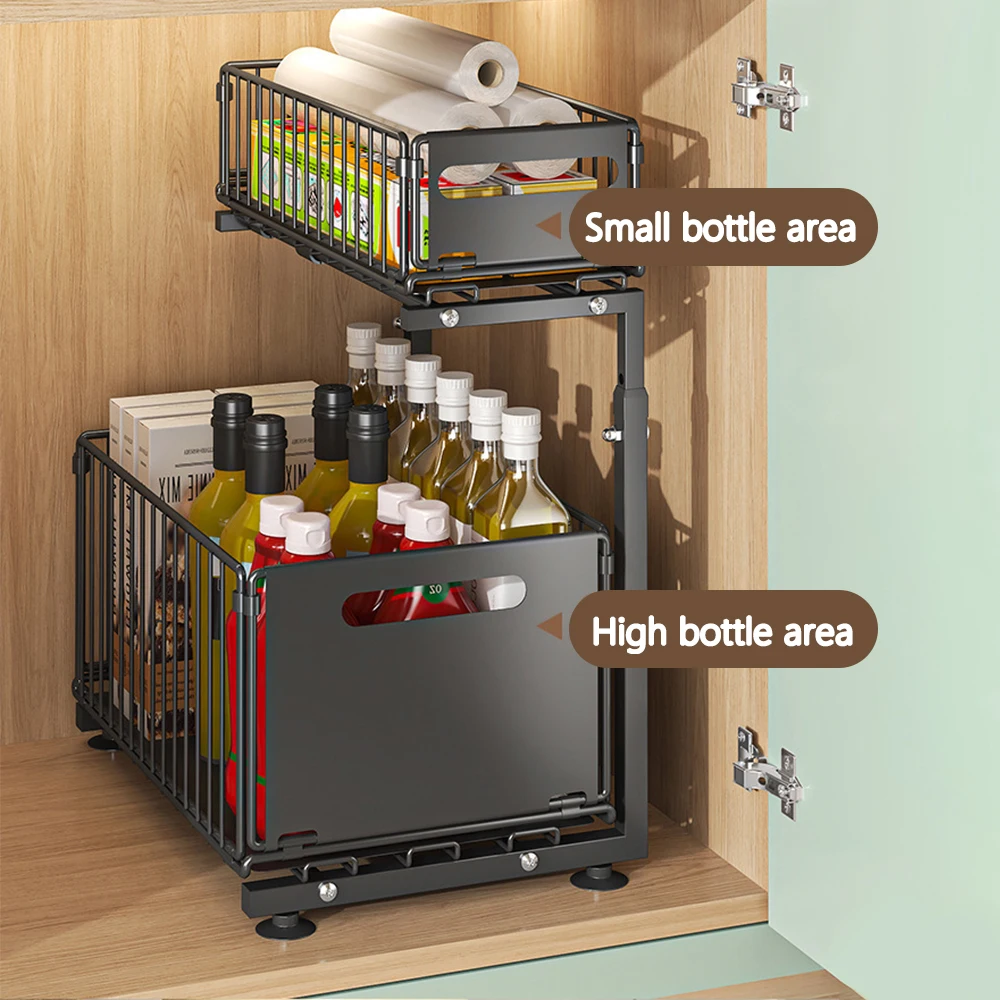 Double layer Pull Out Cabinet Organizer Kitchen Storage Rack Under Sink Organizer Spice Jar Storage Basket Kitchen Organizers