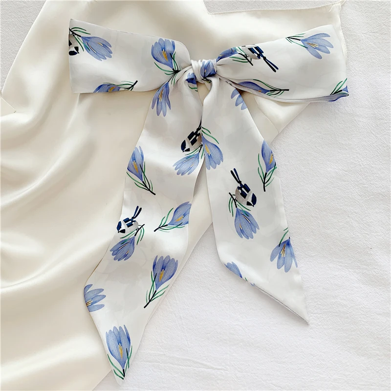 Luna&Dolphin Women Long Skinny Functional Scarf 127x7cm French Rose Printed Streamer Silk Feeling Ribbon Neckerchief Headbands