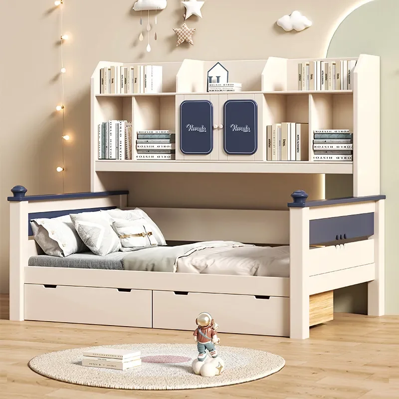 for Full Solid Wood Bed Wardrobe Dark Blue Integrated Small Apartment Children's Bed for Boy with Bookcase High Box Storage