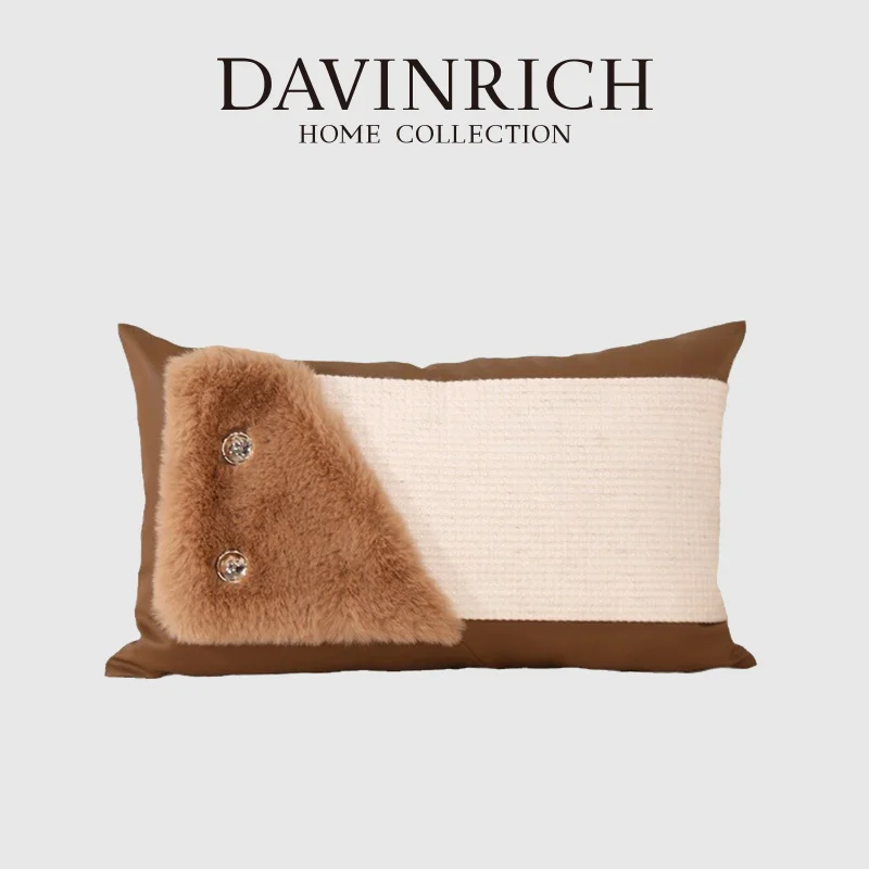 DAVINRICH Faux Snow Leopard Fur Decorative Lumbar Pillowcase Patchwork Linen Leather Accent Contrast Color Cushion Cover 30x50cm