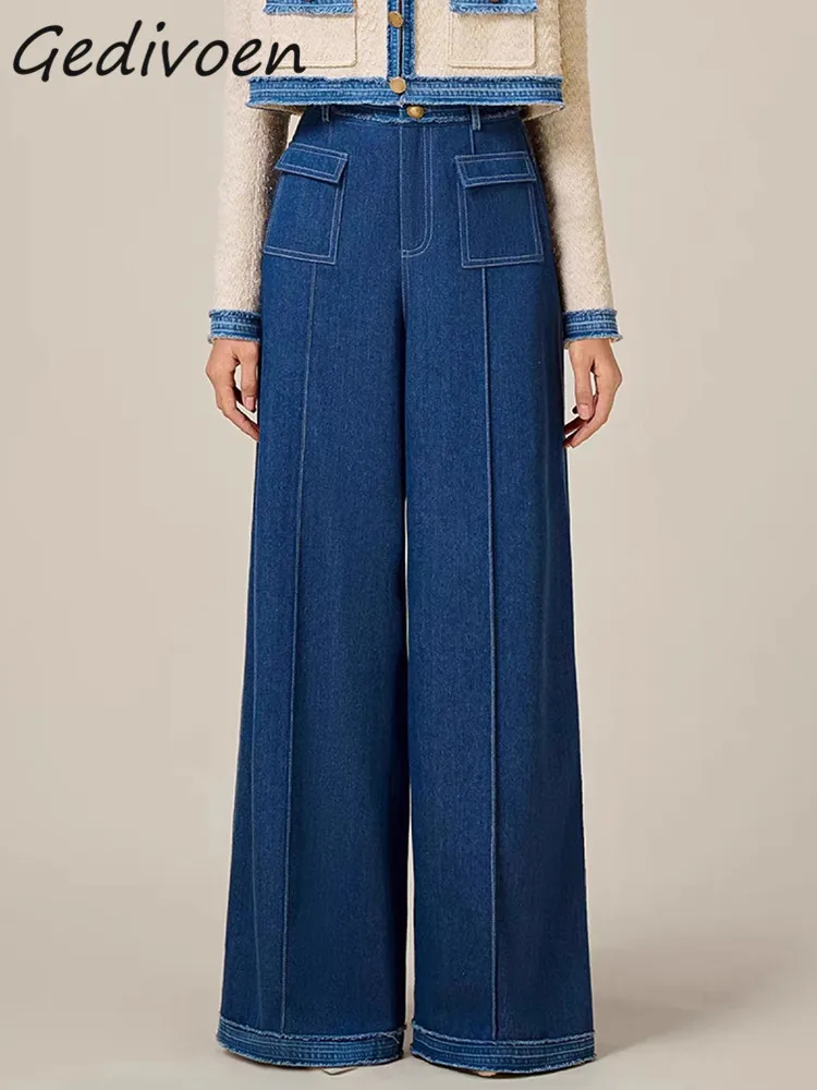 Gedivoen Winter Fashion Runway Vintage Pantaloni impiombati Set Donna Bottone con risvolto Cappotto corto sottile + Pantaloni in denim a gamba larga