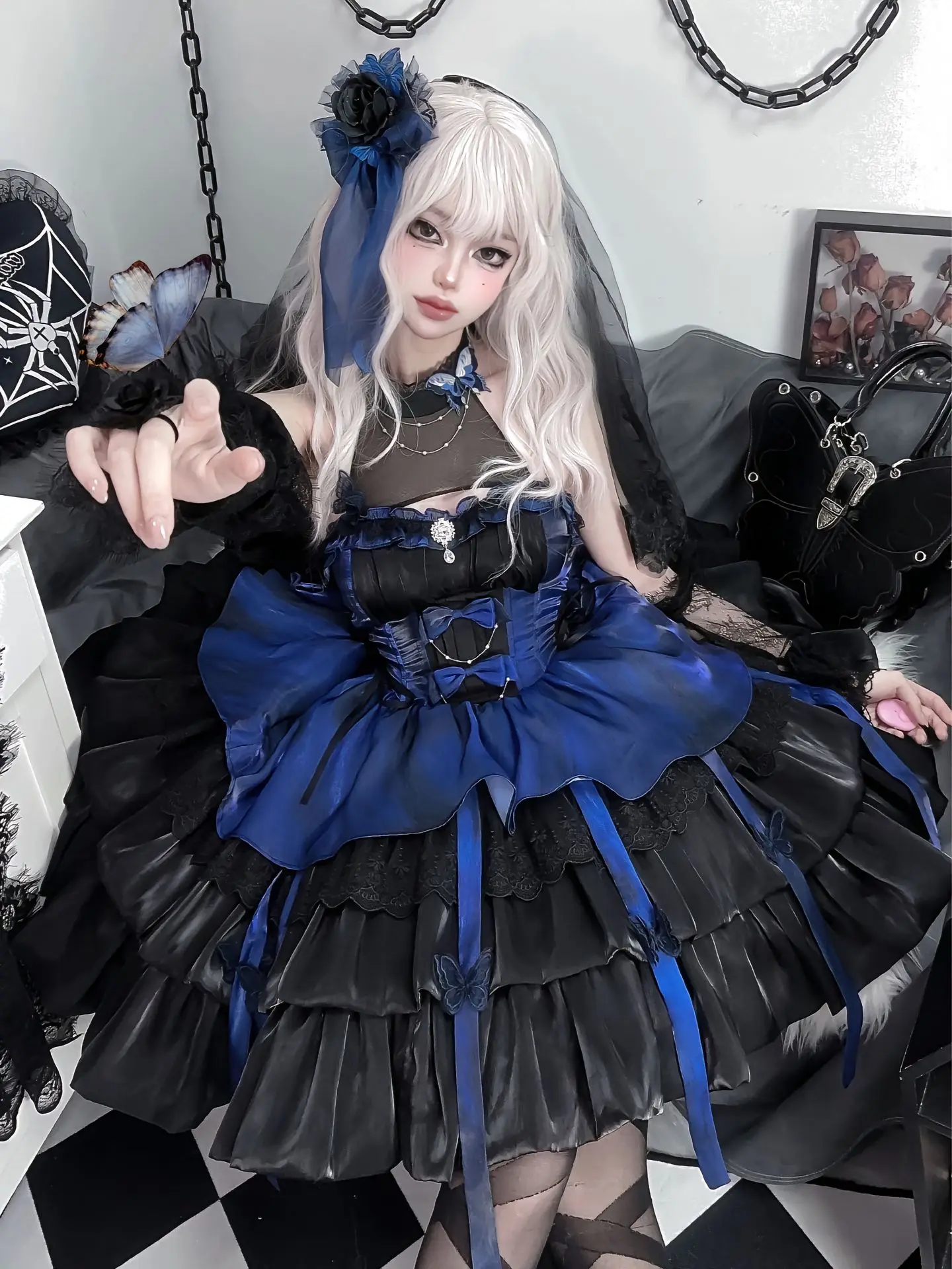 

Lady High Waist Slim Bow Lace Splicing Gothic Short Neck Sleeveless Dress Christmas Women's Black and Blue Lolita Princess Dress