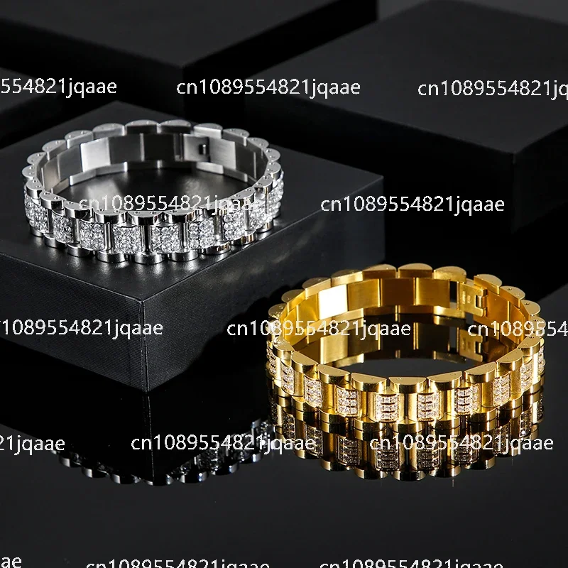 2024 New Original European and American Style Hip Hop Gold Plated Stainless Steel Bracelet Diamond Inlaid Couple Hand Jewelry