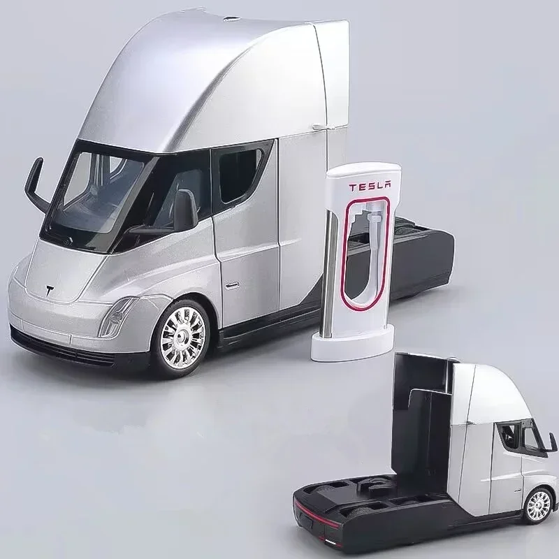 Tête de camion semi-remorque en alliage avec poteau de charge, collection de modèles, son et lumière, haute simulation, jouets pour garçons, cadeau, 1:24 Teslas SEMI