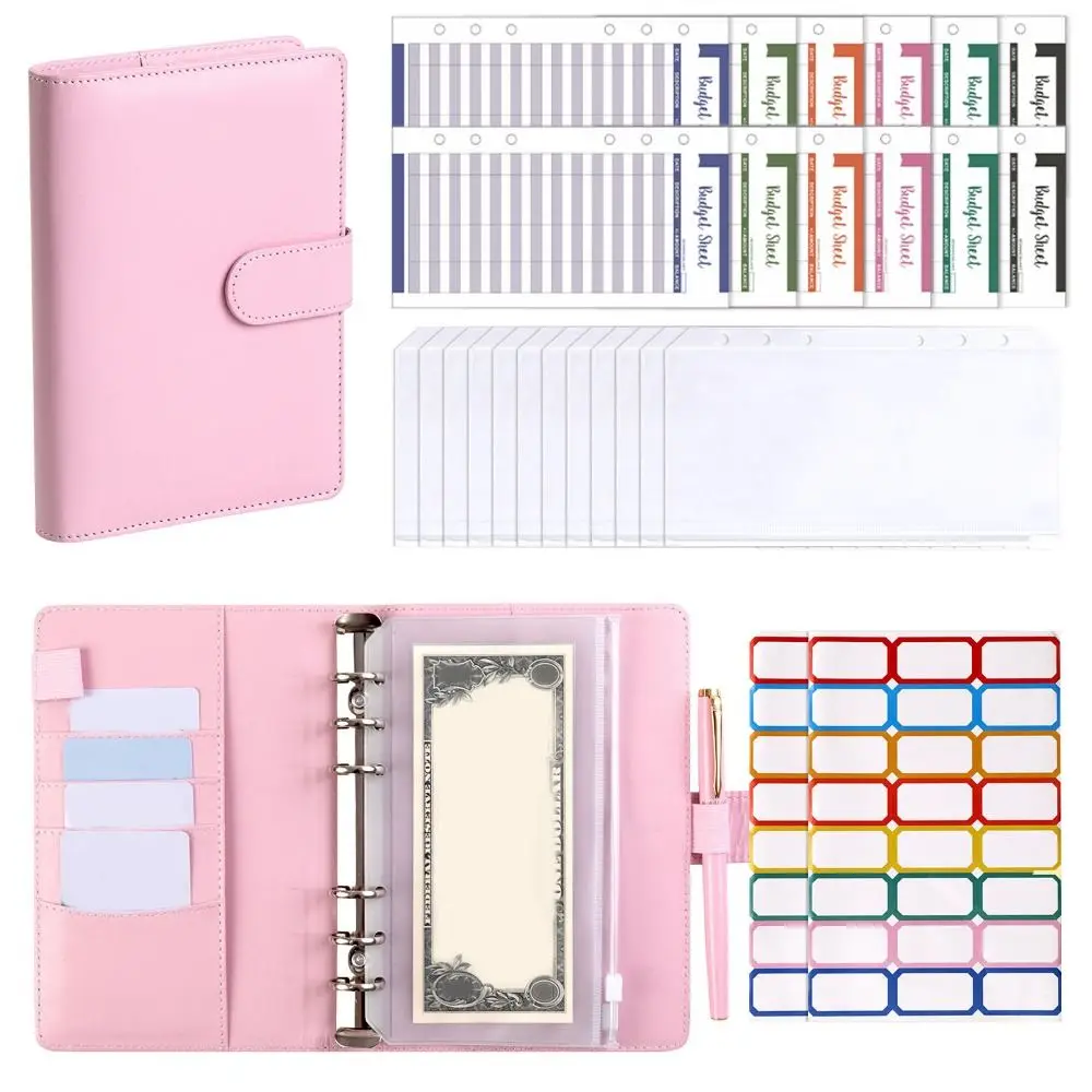 Quaderno A6 per budget in contanti Pulsante magnetico Quaderno a fogli mobili color macaron con etichette indice Righello bobina Cartella in pelle PU Ufficio