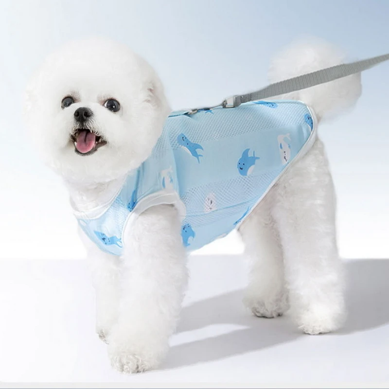 Dog Clothing New Summer Breathability Vest Cartoon Dolphin Print Traction Vest Pet Cooling and Heatstroke Prevention Clothing