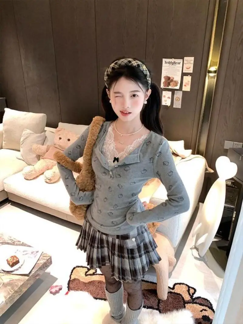 

Sanrio Kawaii T-Shirt Hello Kitty Printing Long Sleeves T-Shirt Winter Inside Cultivate Yourself Base Shirt Korean Lace Jacket