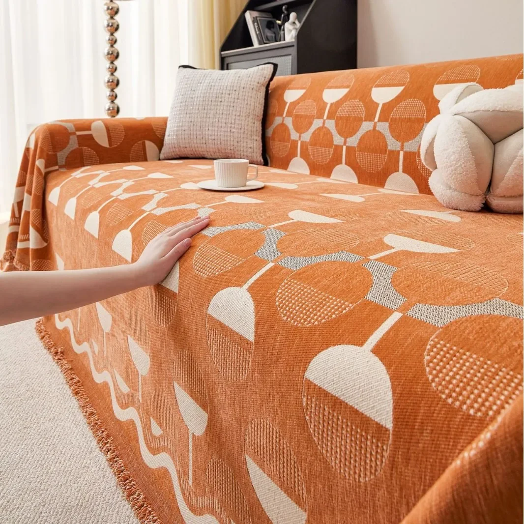 Thick Chenille Sofa Towel All Inclusive Modern Geometric Tassel Four Season Universal Couch Cover Sofa Blanket Orange Green