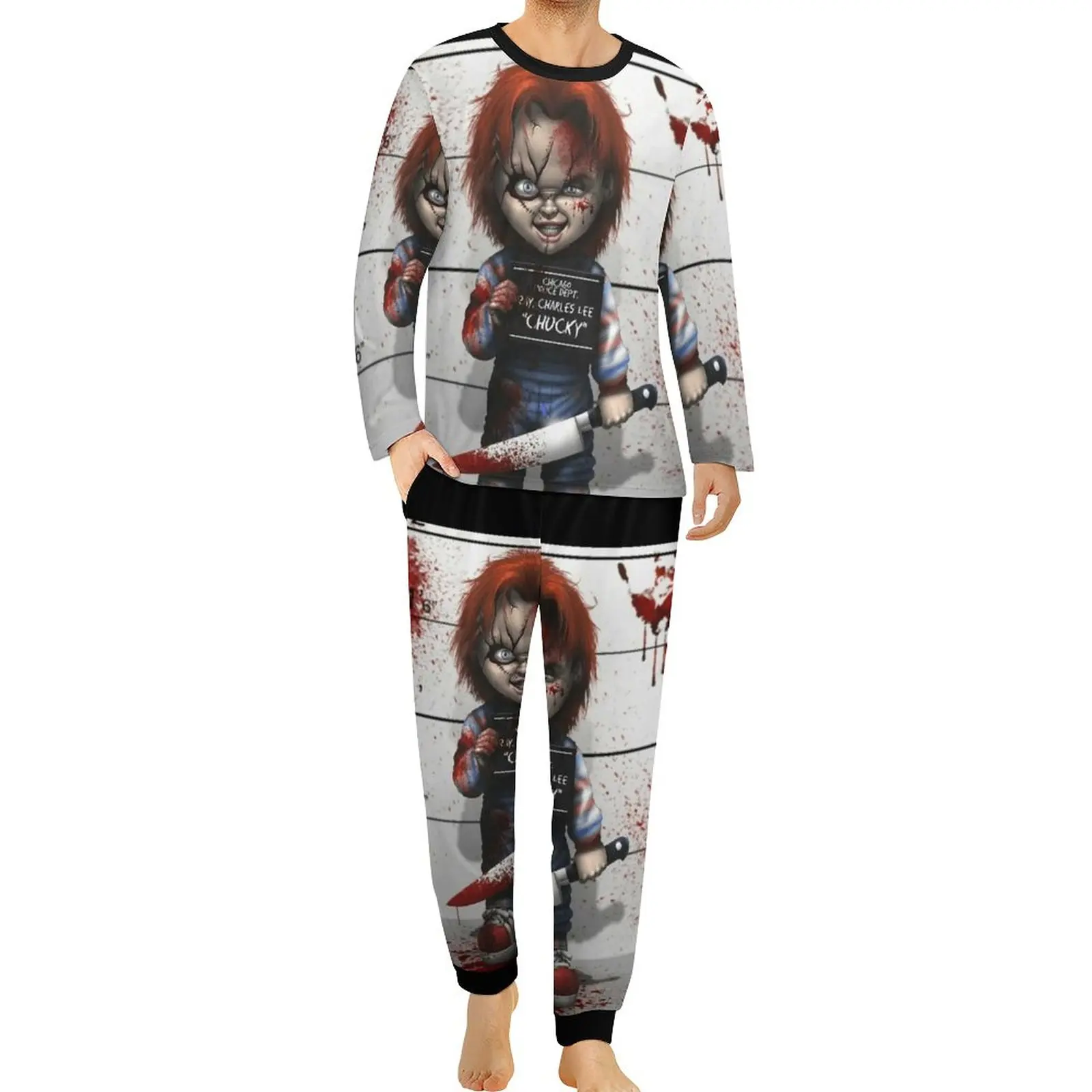 Chucky from Childs Play Pajamas Mens Tv Series Fashion Sleepwear Spring Long Sleeve 2 Pieces Leisure Custom Pajamas Set