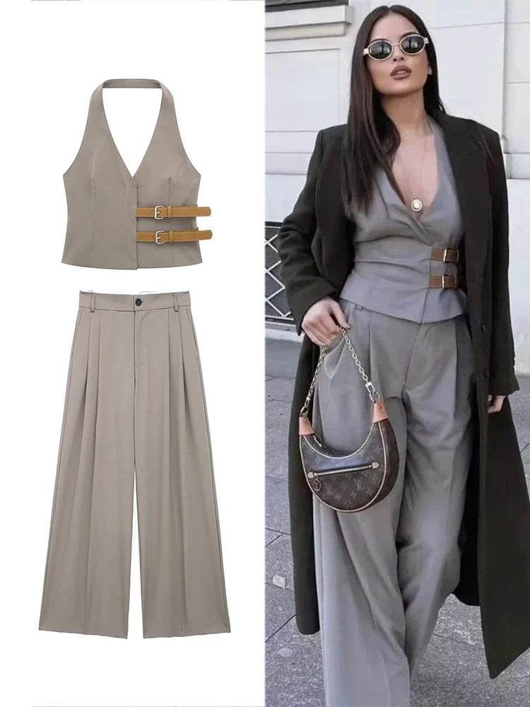 TRAFZA Women\'s Hanging Neck V-Neck Vest Top High Waisted Pleated Trousers Two Piece Set Belted Sexy Sleeveless Vest Trouser Set