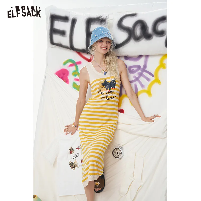 ELFSACK 2025 Summer New Arrivals Original Cat Print Casual Sleeveless Dress For Women