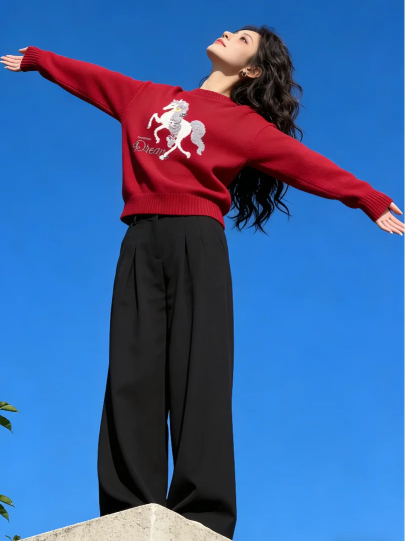 

Sli Red Knitted Sweater ort Sle Inner Wear Korean Design Winter Faion Casual Loose Fit Long Sve round Ne Top