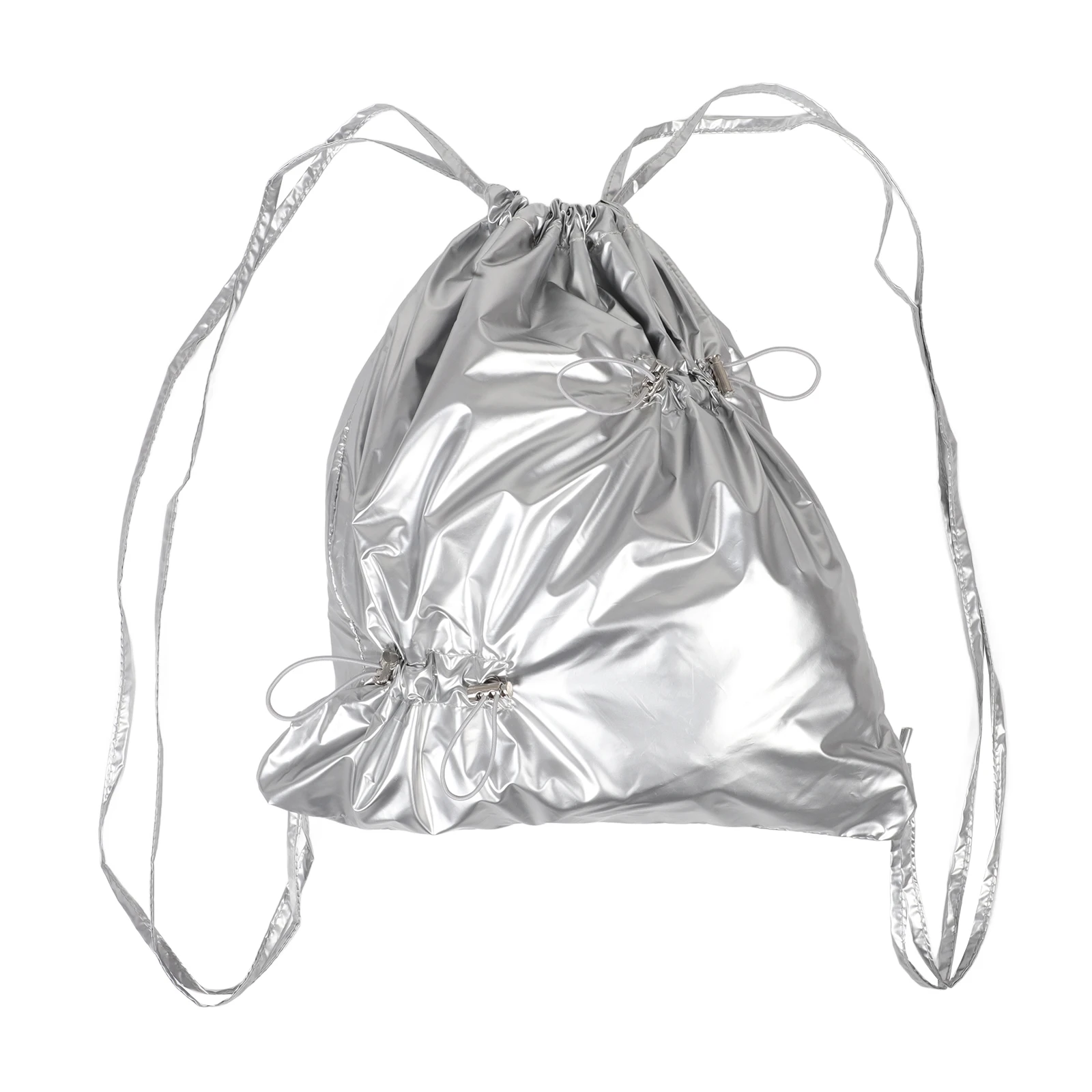 Large Capacity Shiny Nylon Backpack Drawstring Closure Pleated Style for Men Women Travel Outdoor Sports Comfortable Double