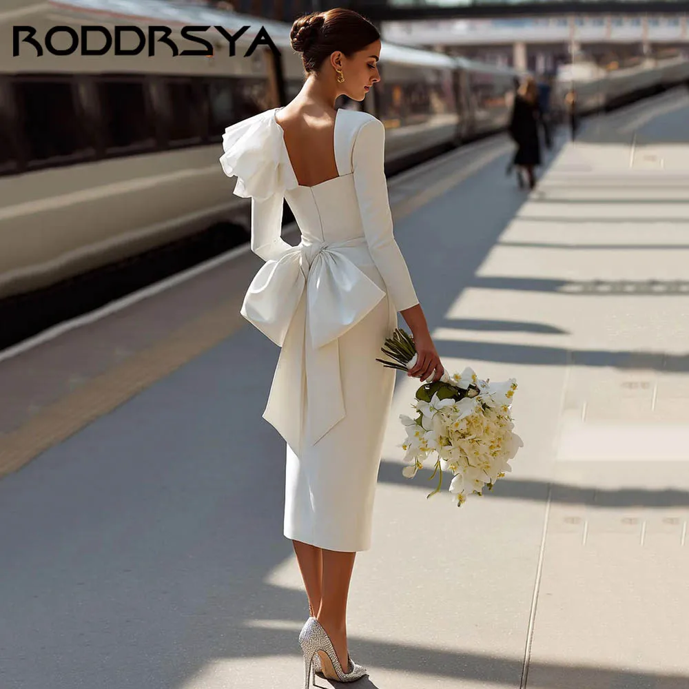 RODDRSYA Witte Lange Mouw Hofzaal Trouwjurken Met Strik Satijn Zeemeermin Bruidsjurk Vierkante Hals vestidos de novia Aangepast