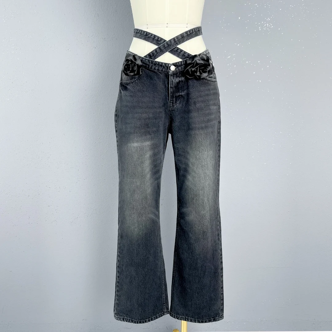 2024 Women's Clothing cross-belt low-rise jeans Spring Summer New No.45