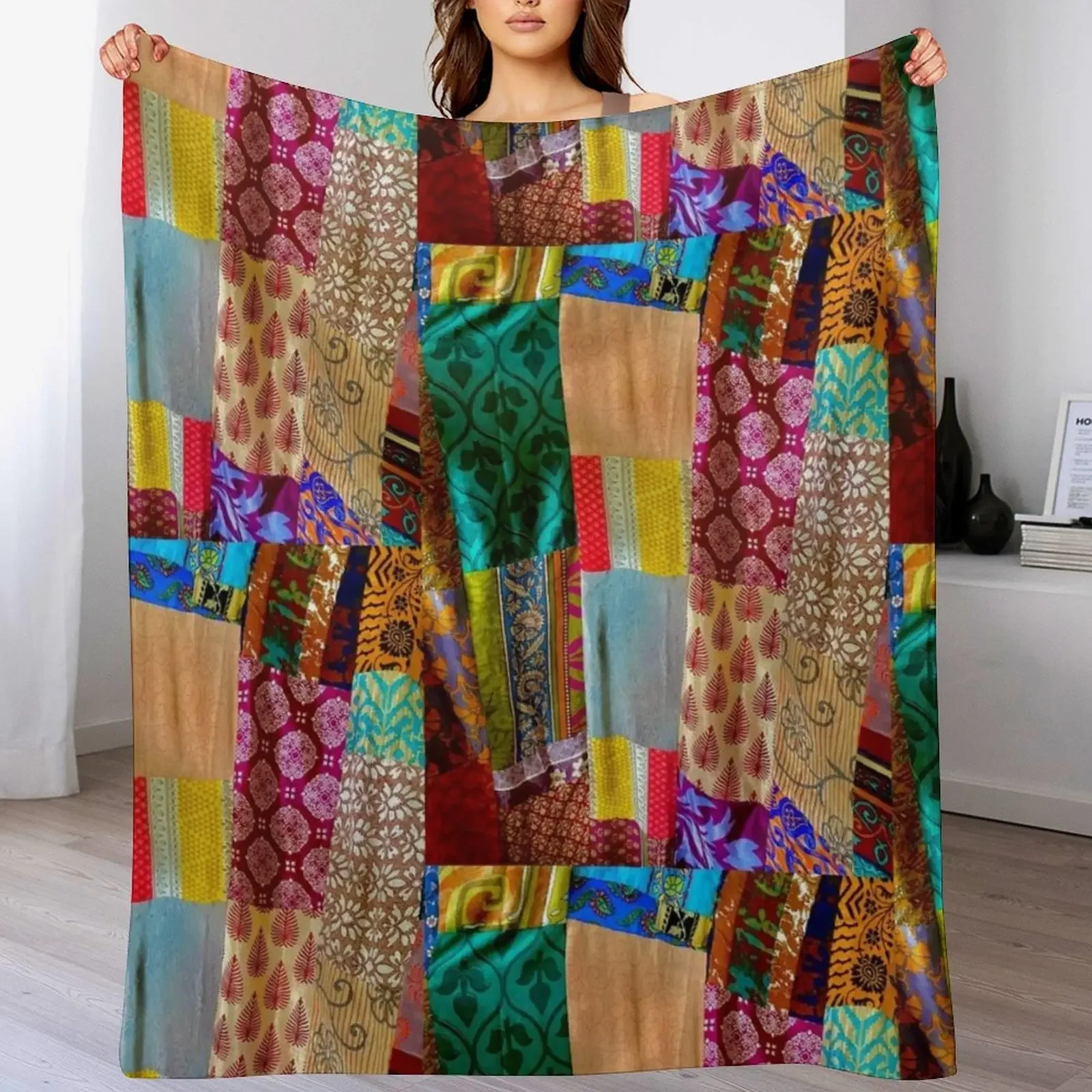 

Kantha Silk India Saries repurposed into Boho Goddess Throw Blanket Beach Furrys Hairys Furry Blankets