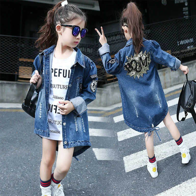 

Girls Denim Jacket Spring Autumn Sequin Jean Coat For Kids Ripped Trench Top Fashion Teenager Long Cardigan Clothes 2024 New