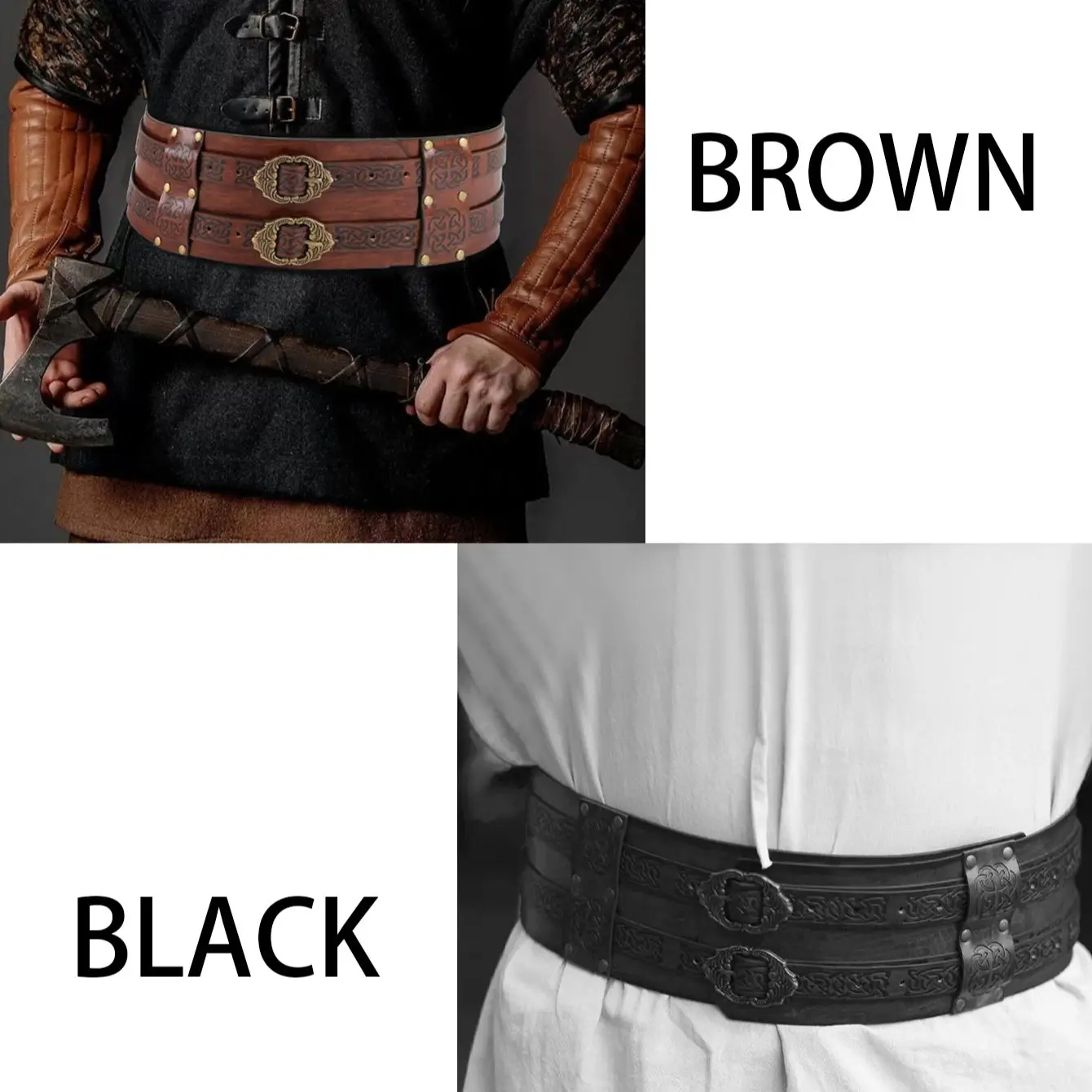 Medieval Renaissance Viking Knight Wide Belt Cosplay Stage Props Retro Embossed Waist Pu Leather Wide Belt With Double Buckle