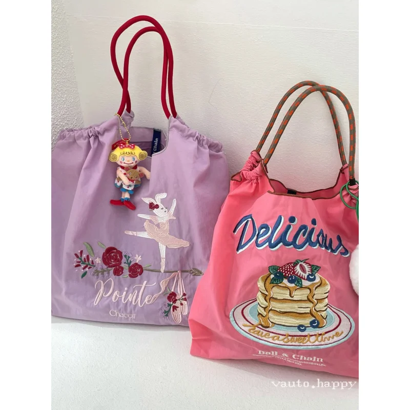 Japanese Niche Cashew Flower Embroidered Shopping Bag, Nylon Eco-friendly Bag, Fashionable Portable Shoulder Bag Size L