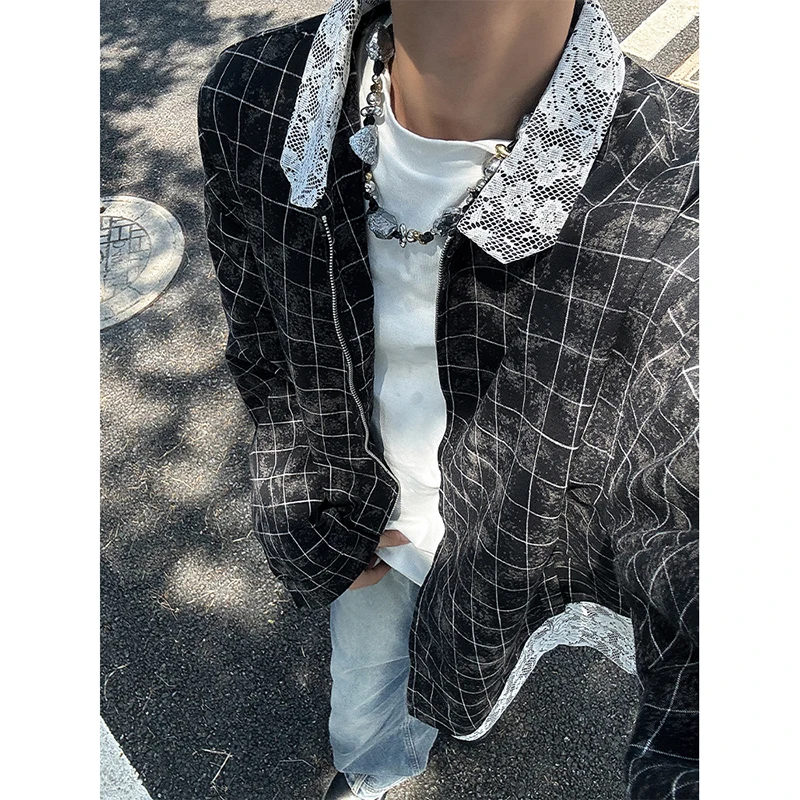 

Autumn Plaid Long Sleeve Men's Shirt Jacket Lace Zipper Design Casual Loose Fit Youth Trendy Outerwear CleanFit Style