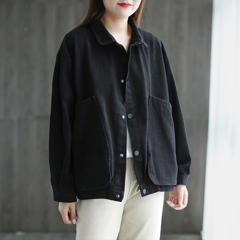 

Retro Hong Kong Sle Loose Women's irt Jaet with Big kets Workwear Single Button Cotton Long Sve Winter Coat