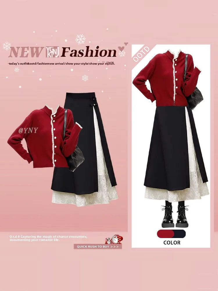 

Red Knitted Lace Open Cardigan Sweater Winter New Year Women's Fashion Set High Waist Skirt Korean Style Autumn Winter
