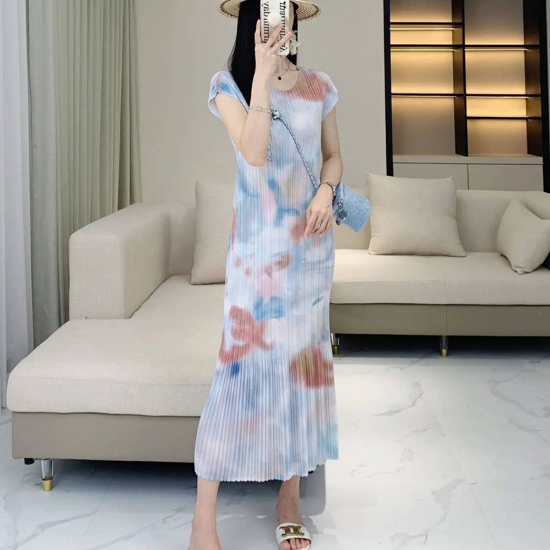 

Pleats Pleated Dress New Summer Pleats A Word Printed Dress Sweet Temperament Slim Thin Medium-length Dress Female Skirt