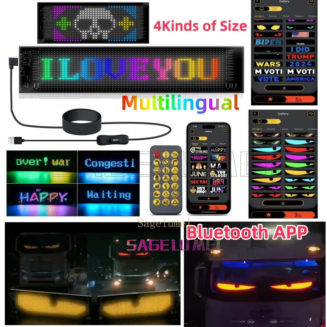 5V USB LED Matrix Pixel Panel Multilingual APP DIY Graffiti Scrolling Text Animation Display Car Remote Truck Devil's Eye Lights