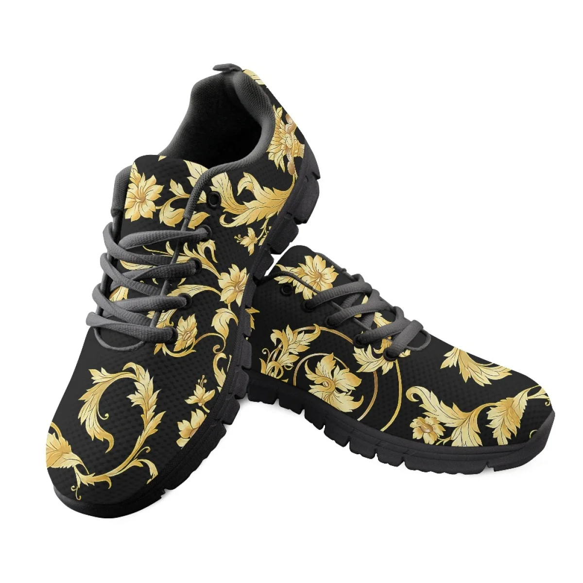 INSTANTARTS New Style Ladies Baroque Sneakers Brand Design Golden Floral Prints Flat Shoes for Women Lightweight Walking Loafers