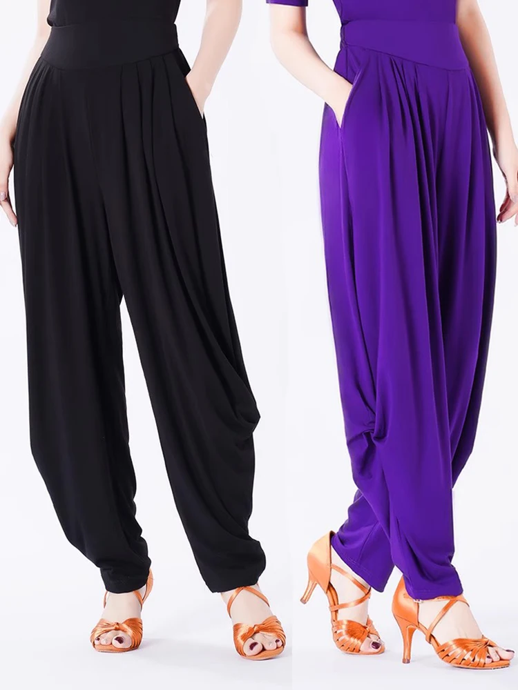 

Soft Loose Latin Dance Pants Women Practice Clothes Cha Cha Rumba Samba Dance Clothing Purple Black Latin Trousers Adult BL11202