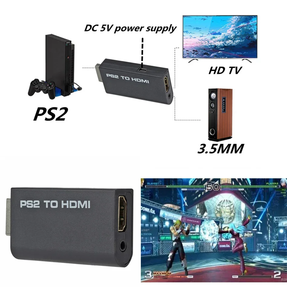 PS2 to HDMI-compatibale 480i/480p/576i Audio Video Converter With 3.5Mm Audio Output Supports All PS2 to HD Display Modes