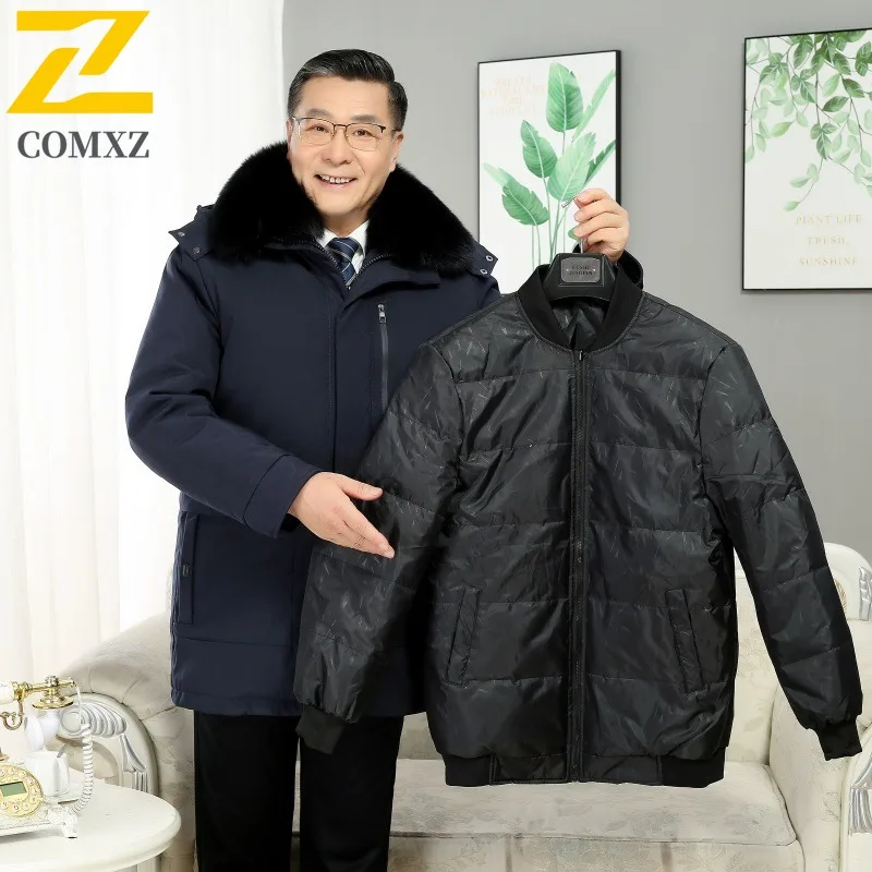 COMXZ Premium Men Down Jacket Fur Collar Hooded Commute Office Thickened Warm Parka Solid Color Travel Windproof Winter Coat