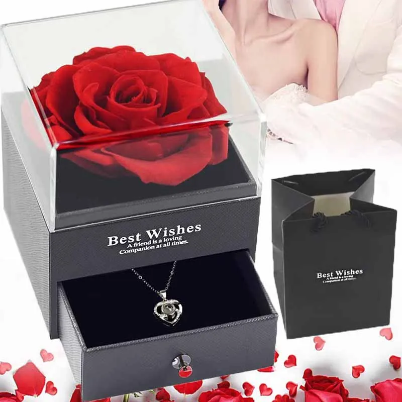 

Eternal Rose Flower Jewelry Gift Box Ring Earrings Necklace Storage Boxes Wedding Christmas Valentines Artificial Jewellery Case