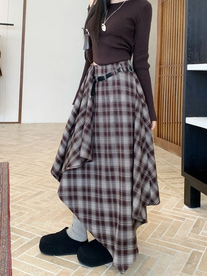 Women's Gothic Woolen Plaid Skirt Autumn Winter Maxi