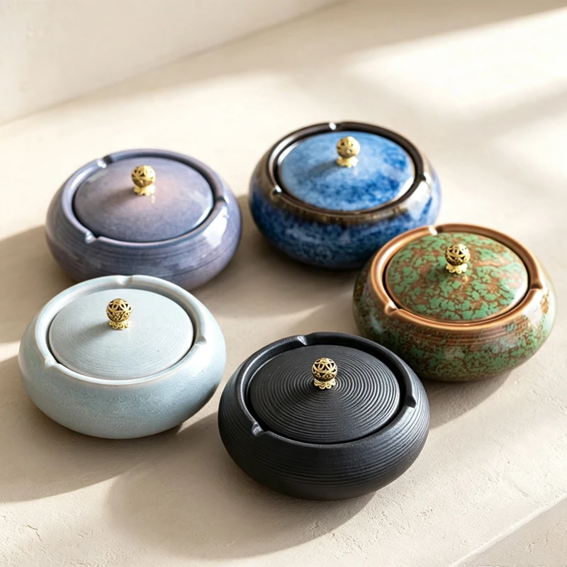 Kiln Change Glaze Ceramic Ashtray with Lid Windproof Flying Ash Prevention Vintage Green Brown Ashtrays Decor Cigarette Holder