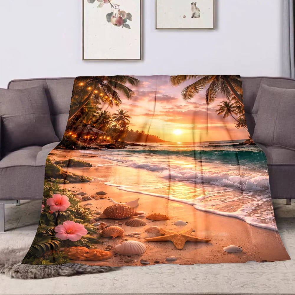 

1 шт. Теплые пледы с принтом пляжа, заката, ракушек и пальм для взрослых и детей, для дома, путешествий, автомобиля, мягкие, удобные, подходят для всех сезонов.