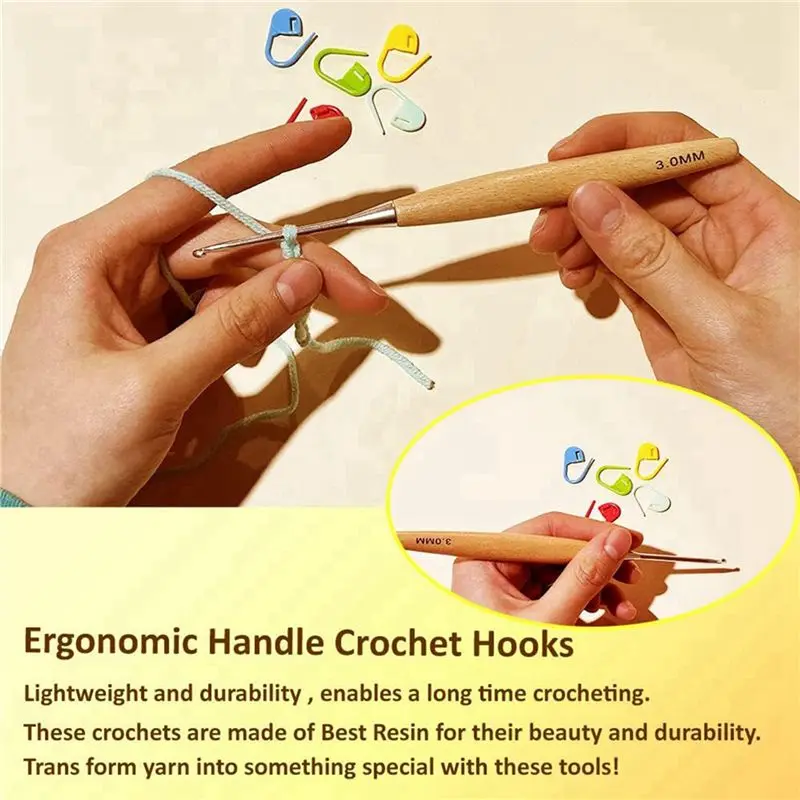 A02M-40Pcs Wood Crochet Hooks 3.0Mm-6.5Mm, Ergonomic Handle Crochet Hooks Set