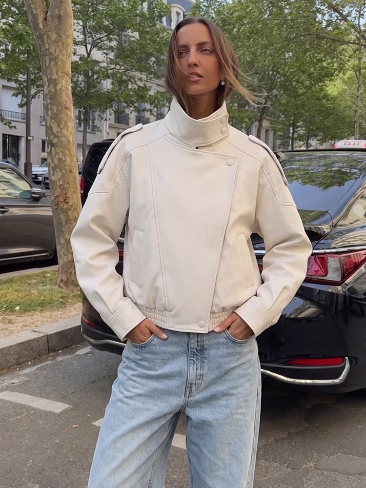 HH Women Fashion Imitation Leather Textured Jacket Long Sleeve Asymmetric High Collar Simple Jacket Autumn Retro Distressed Coat