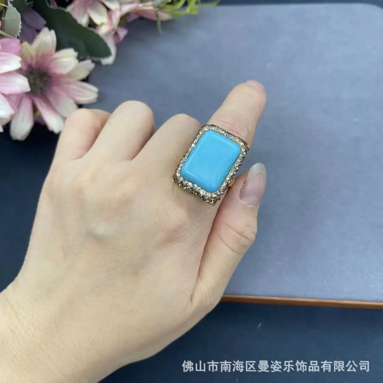 Turquoise clay inlaid with handmade point diamonds, adjustable ring, new Chinese live broadcast hot-selling niche jewelry