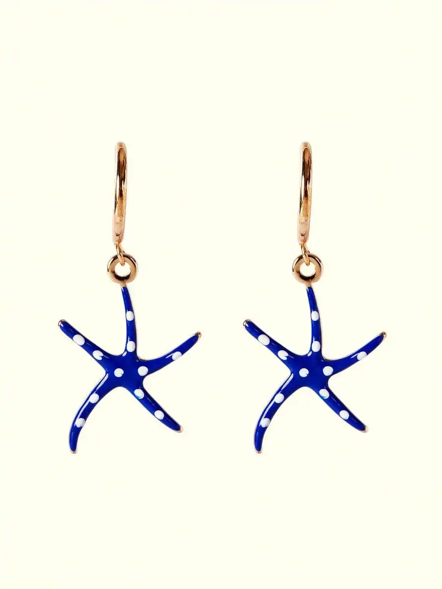 

Blue Enamel Starfish Dangle Earrings With White Polka Dots For Summer Beach Vacation Chic Style