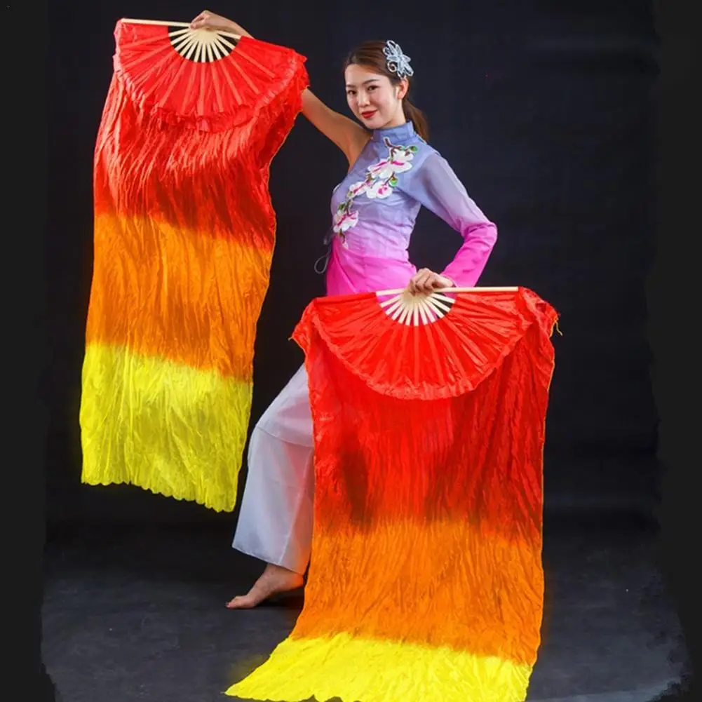 Women Belly Dance Silk Fans Children's Fan for Dancing Extended Double-Sided Adult Bamboo Performance Gradient Color Dance Fans