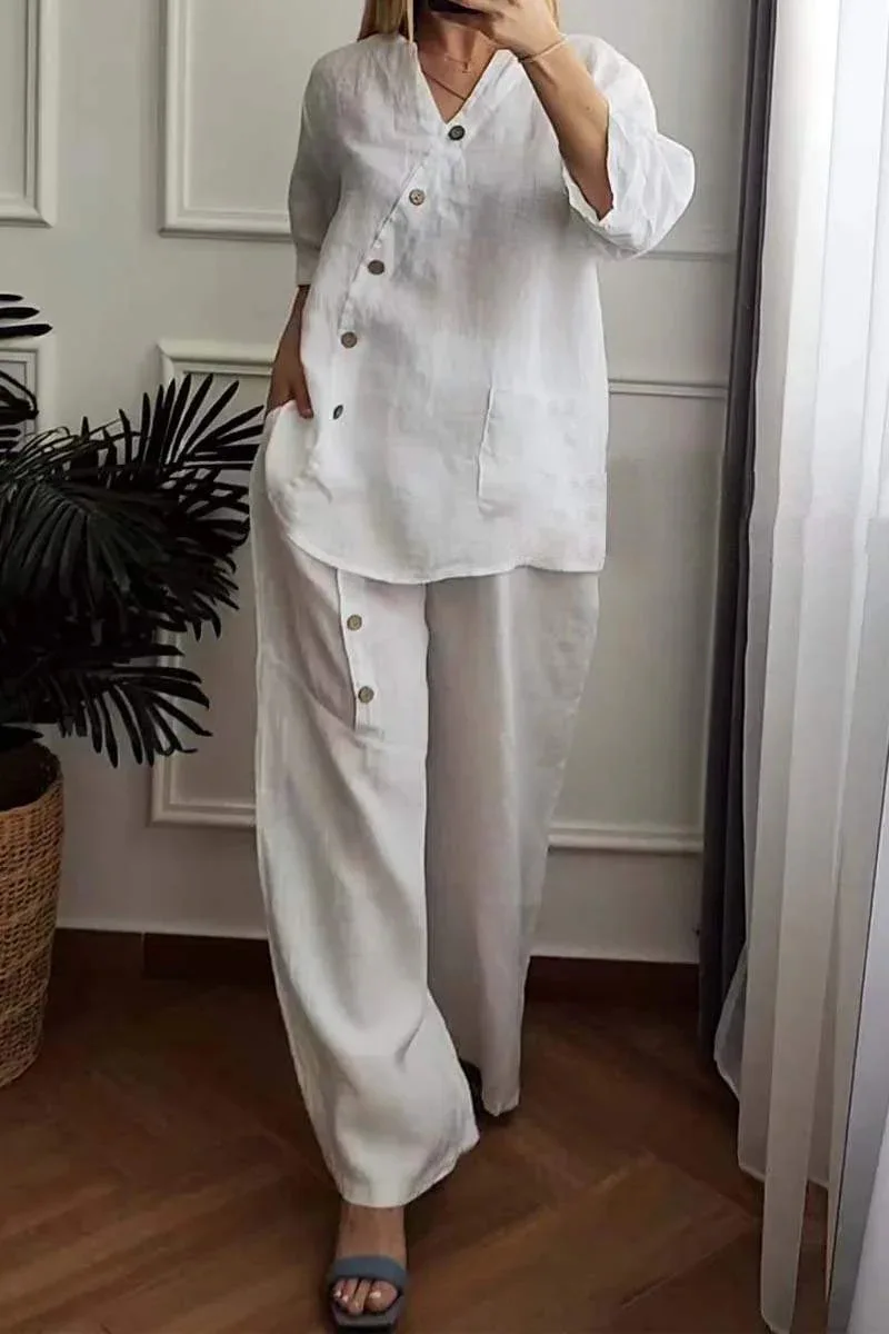 

Summer Solid Color Cotton Suit Three-quarter Sleeve Fashion Button Top Trousers Wide-leg Trousers Two-piece Set Women's Style