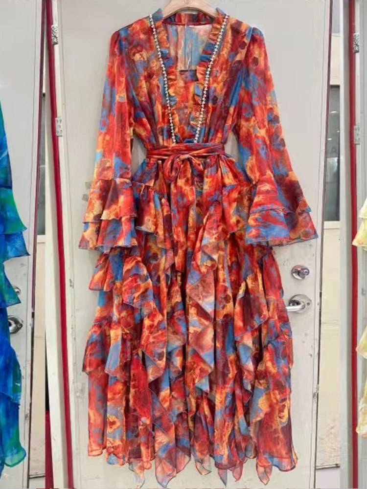 Primavera/verão 2025 novo vestido de manga comprida com decote em v com estilingue estampado elegante renda cintura camada de orelha de madeira sobre camada babados longo sk