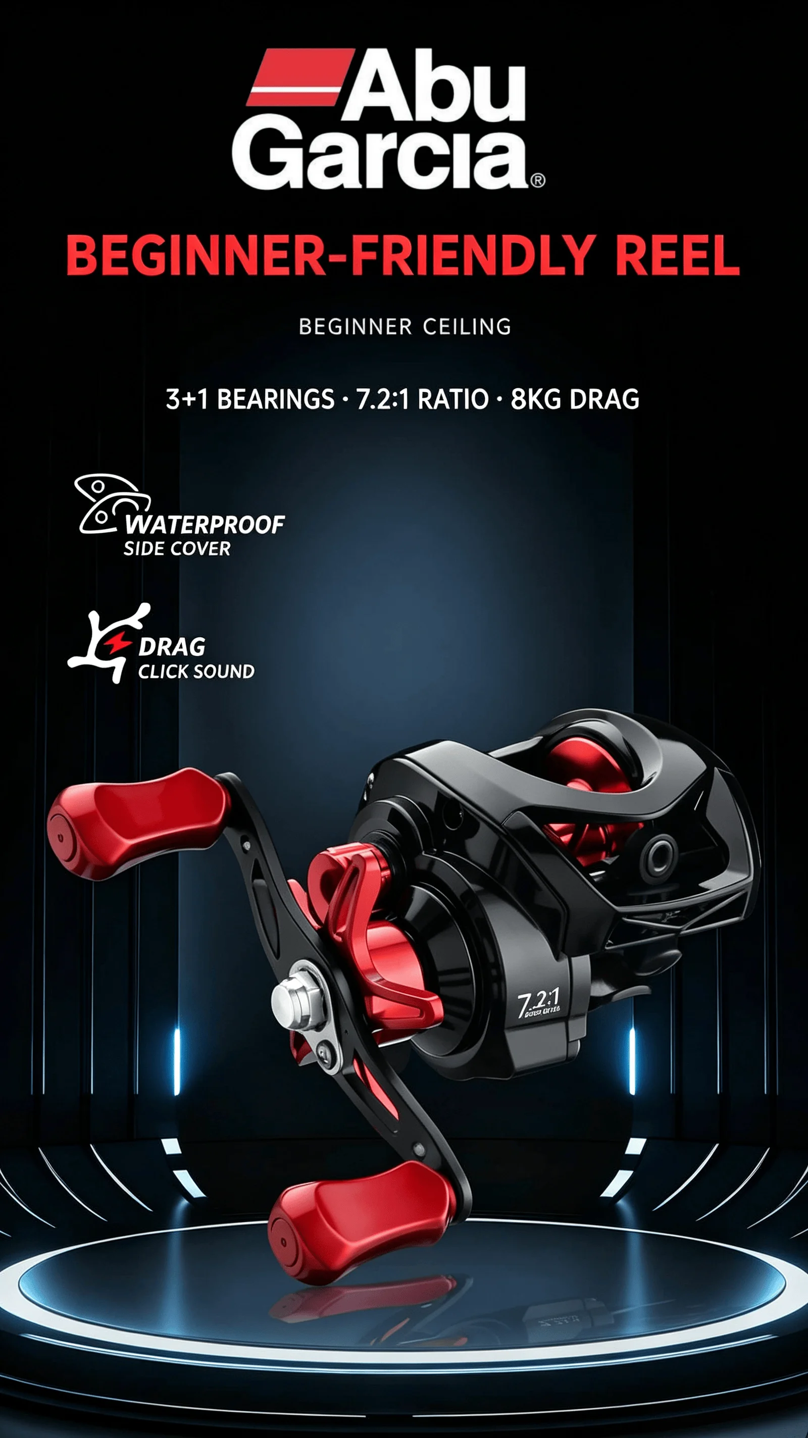 Neue Abu Garcia Baitcasting-Rolle mit 7,2:1 Übersetzungsverhältnis, 8 kg Bremskraft, Messinggetriebesystem, 3+1 Kugellager für das Angeln mit Kunstködern. – Detail 2
