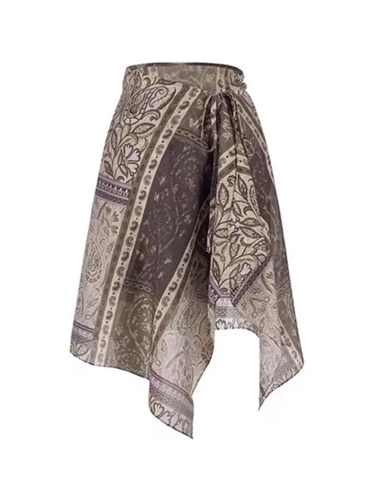 Retro Coffee Print Light Weight High Waist f Skirt for Women Summer Ethnic Wave Mexican Loose Fit A-Line Midi Skirt